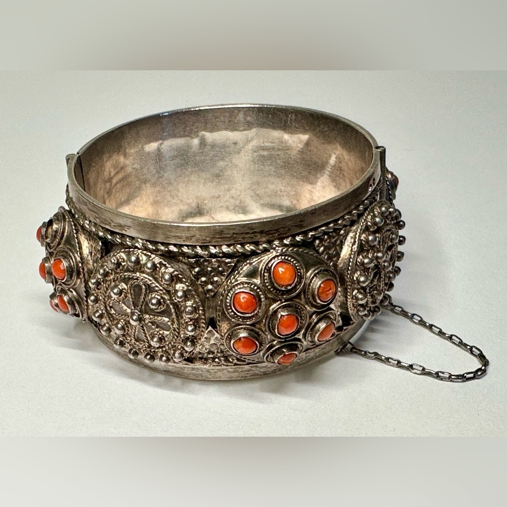 Vintage 800 Silver and Red Coral Hinged Bangle Bracelet w/ Intricate Filigree